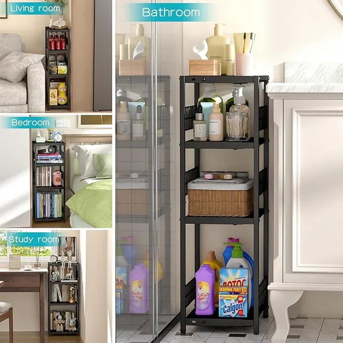 Expandable Slim Storage Shelf, 4 Tier Metal Shelving Unit for Bathroom Storage Organizer, Freestanding Narrow Shelf for Small Spaces, Open Floor Shelves for Bathroom, Laundry Room, Kitchen - ModernBath