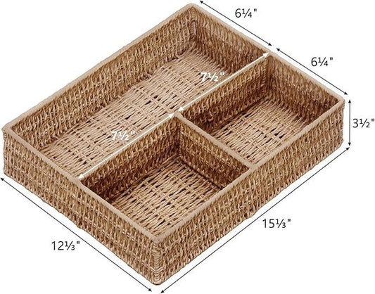 Vagusicc Wicker Divided Storage Basket, Wicker Baskets, Basket for Shelves Drawer Organizing, 3 Section Rectangular Woven Storage Baskets, 2-Pack, Natural - ModernBath