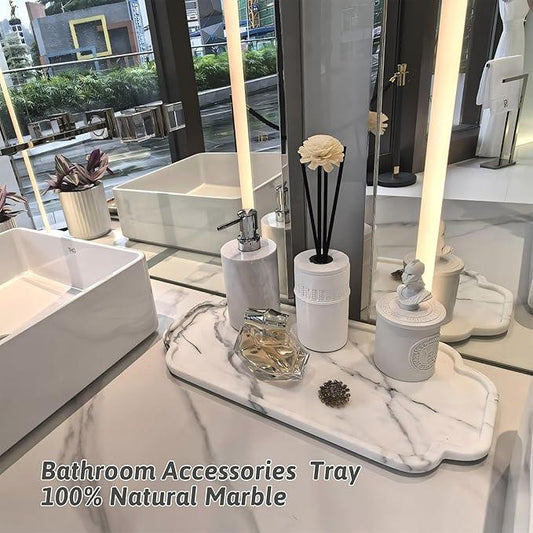 Marmor Real Natural Marble Bathroom Tray for Perfume, Candles, Jewelry Stone Vanity, Bathroom & Kitchen Counter Organizer and Home Decor (Statuario White(15.74 * 7.87 * 0.7)) - ModernBath
