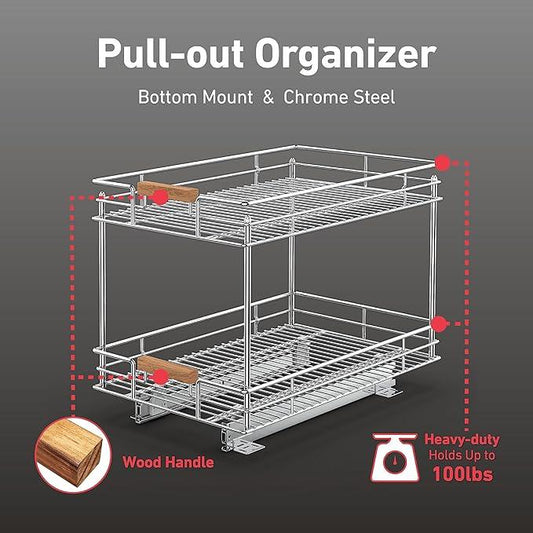 Pull Out Cabinet Organizer(14" W x 21" D), 2 Tier Slide Out Shelves with Wood Handle, Sliding Drawer Pull Storage Shelf for 15-1/4” Cabinet Opening, Chrome - ModernBath