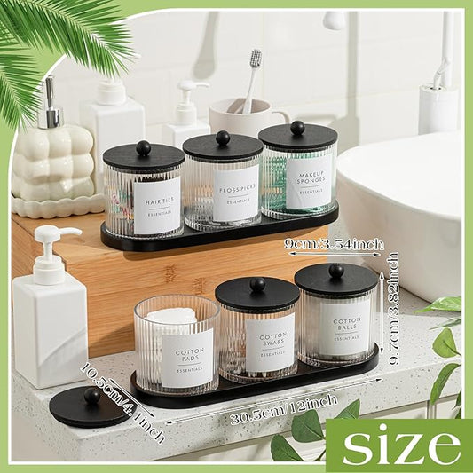 Vesici 6 Pack Bathroom Canisters Ribbed Apothecary Jars with Bamboo Lids 2 Bamboo Trays and 9 Label Stickers Cotton Swabs Holder Bathroom Organizer Storage Set Acrylic 18 oz Dispenser Container(Black)