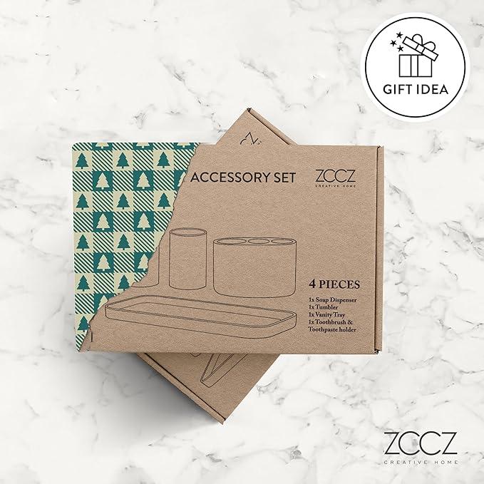 ZCCZ -Beige Bathroom Accessories Set 4 Pcs - Toothbrush Holder, Soap Dispenser, Vanity Tray, Bathroom Tumbler - Countertop Vanity Organizer - Bathroom Accessory Set- Toothbrush Holder Set, Stone Sets - ModernBath