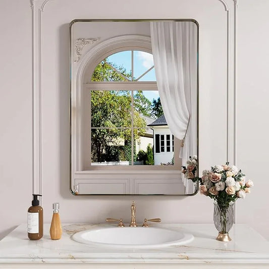 JISOSO Bronze Bathroom Mirror 20x30 Inch, Brushed Bronze Metal Frame Mirror for Wall, Rounded Rectangle Bathroom Vanity Mirror with Tempered Glass, Anti-Rust, Horizontal/Vertical - ModernBath