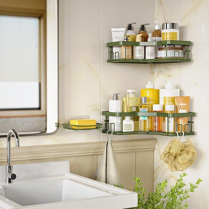 MAXIFFE 3 Pack X-Large Corner Shower Caddy with Soap Holder, Large Capacity Easy Install No Drilling Stainless Steel Hold 40 LB Shower Organizer Shelves Rack for Family Renters Bathroom, Forest Green - ModernBath
