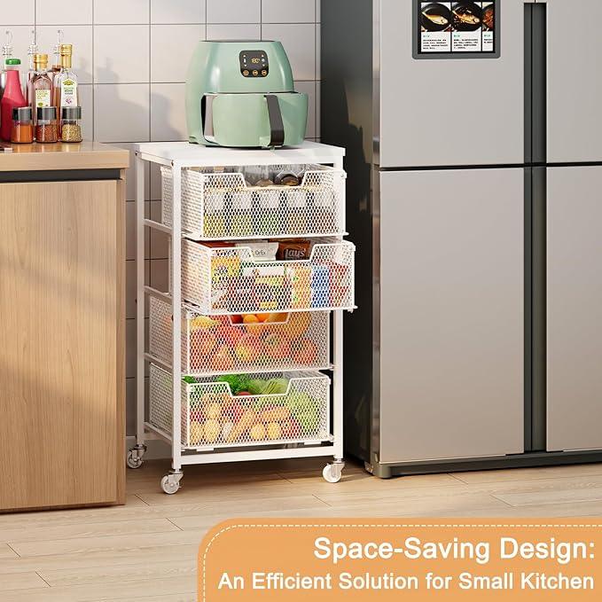 4-Tier Kitchen Storage Cart - Fruit Vegetable Storage Cart with Drawers, Wooden Top Metal Wire Kitchen Organizer and Storage Cart with Wheels to Storage Onions Potatoes Cans Snacks for Kitchen - ModernBath