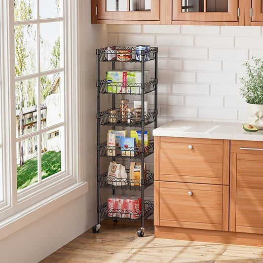 6 Shelves Storage Shelf Wire Closet Bathroom Organizers Metal Pantry Kitchen Garage Shelving Unit Laundry Room Organization Home Rack Net Basket Black with Wheels 14" Dx14 Wx64.8 H - ModernBath