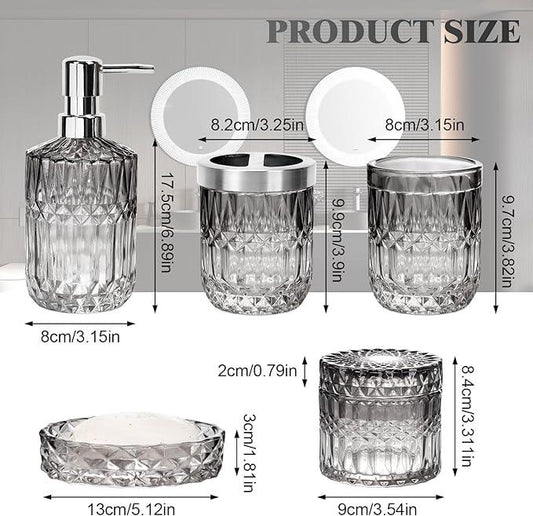 Ulable Bathroom Accessories Set, 5Pcs Bathroom Soap Dispenser Set, Glass Bathroom Accessories with Glass Soap Dispenser, Soap Dish, Toothbrush Holder, Tumbler, Cotton Swab Jar (Gradient Black & Clear) - ModernBath