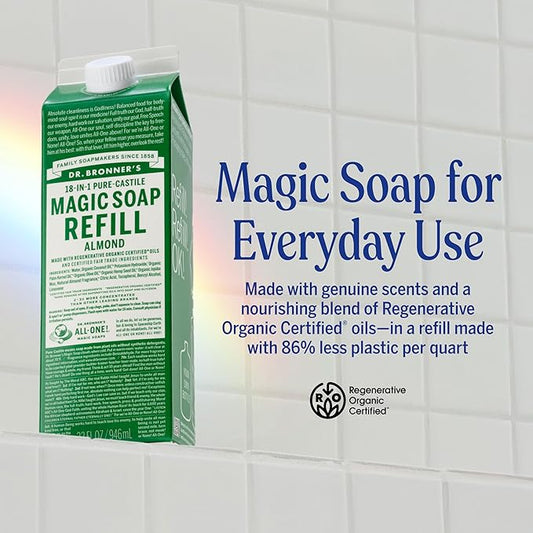 Dr. Bronner's Magic Soap Pure-Castile Liquid Soap Refill - Made with Regenerative Organic Certified Oils - 18-in-1 Uses for Face, Body Wash, Hand Soap Refill, Vegan Bath Soaps- Almond, 2-Pack, 32oz