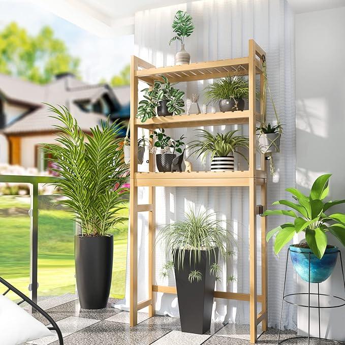 Homykic Over The Toilet Storage, 3-Tier Bamboo Bathroom Shelf with 3 Hooks, Above Toilet Organizer Rack Freestanding for Small Space, Restroom, Laundry, Easy Assembly, Natural - ModernBath