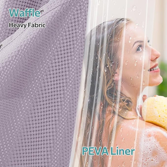 Vipfree 3 in 1 Shower Curtain Set, Waffle Shower Curtain and Liner Set with 12 Double Sided Shower Curtain Hooks, 258GSM Luxury Weighted Cloth Shower Curtains for Bathroom, 72 W x 72 H, Lavender