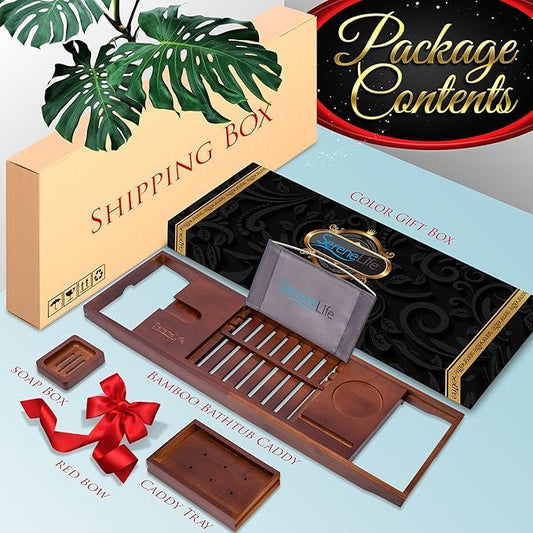 SereneLife Premium Bathtub Tray Caddy with Gift Box and Bow Set, Expandable Bath Tray, Unique House Warming Gifts for Mom, Women, Wedding, Anniversary, Bridal Shower, Fit for All Tub - Stain Brown - ModernBath