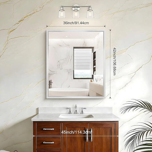 CIVENO Silver Bathroom Mirror, 42 x 36 Inch Brushed Silver Rectangle Mirror for Wall, 0.6" Thickened Deep Frame Mirrors for Over Sink, Shatterproof Tempered Glass, Antirust, Horizontally or Vertically - ModernBath