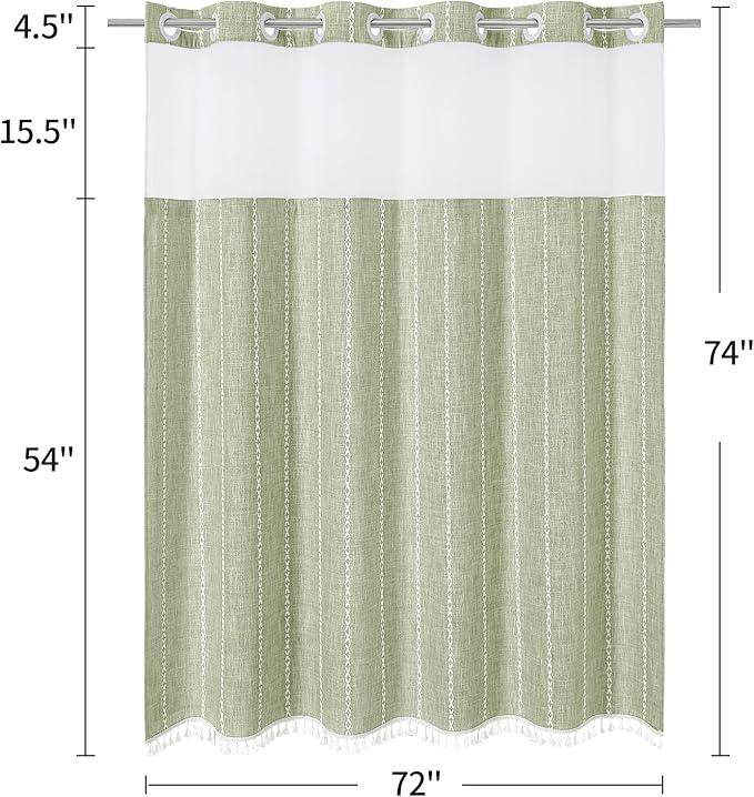 MitoVilla No Hooks Needed Farmhouse Shower Curtain with Snap-in Liner - with Window & Magnets, Boho Cotton Linen Fabric Shower Curtains with Tassels for Rustic Bathroom Decor, Sage Green, 72 x 74 - ModernBath