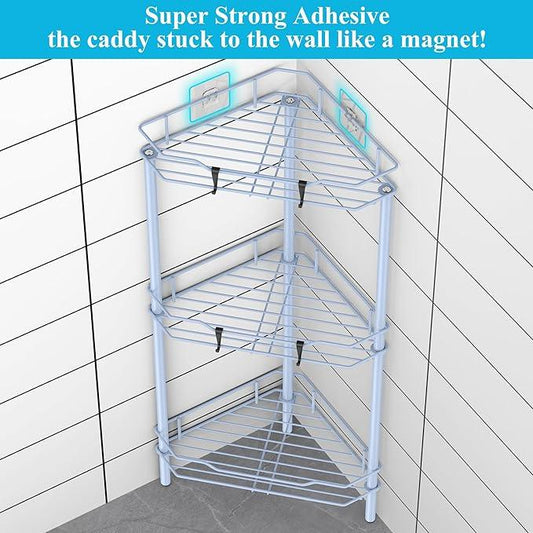 3 Tier Floor Standing Corner Shower Caddy Organizer Shelf with Hooks, Bathroom Shelves Stand Rack, Blue - ModernBath