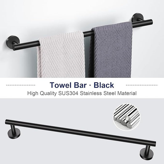 Lairuier 5 Pieces Matte Black Bathroom Accessories Set, 23.6 Inch Bath Towel Bar Set, SUS304 Stainless Steel Bathroom Hardware Set Round Toilet Paper Holder Set Wall Mounted