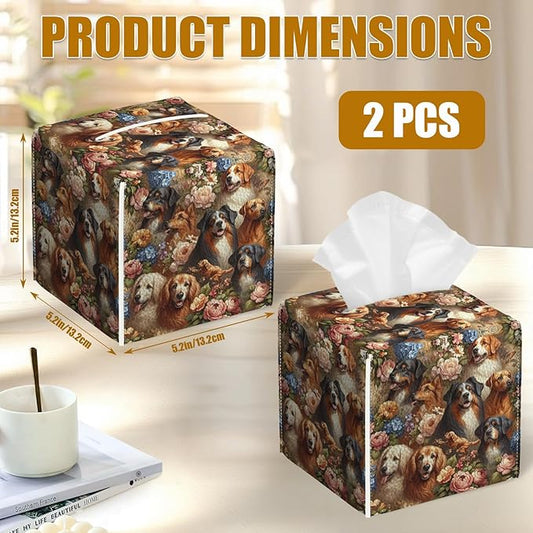 Dog Flower Tissue Box Cover 2PCS, Leather Tissue Box Holder Square Facial Paper Case Tissue Box Cube Organizer for Bathroom Bedroom Desk Office