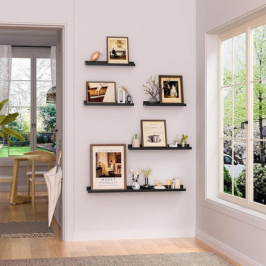 Heimlove Floating Shelves Set of 6, 16" Wall Mounted Picture Ledge, Display Shelf Organizer for Decor Storage, Wall Mounted Shelves for Living Room, Bedroom, Bathroom, Kitchen (Black) - ModernBath