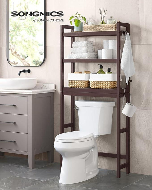 SONGMICS Over The Toilet Storage, 3-Tier Over Toilet Bathroom Organizer with Adjustable Shelf, 10.2 x 24.8 x 66.9 Inches, Space-Saving, Brown UBTS01BR - ModernBath
