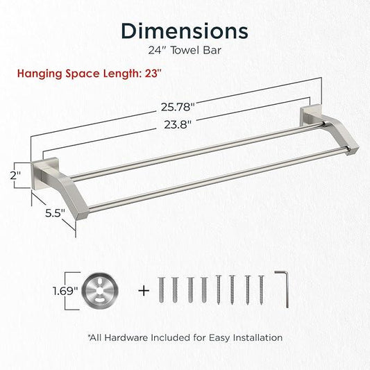 FORIOUS Double Towel Bar, 24 Inch Dual Towel Racks for Bathroom Wall Mounted, Thicken SUS304 Stainless Steel Bath Square Towel Rod Towel Holder Rail, Brushed Nickel - ModernBath