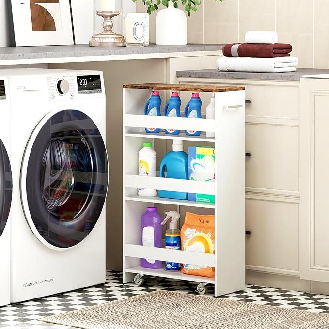 Small Kitchen Cart, 4-Tier Slim Rolling Island w/Handle, Laundry Room Storage Organizers Between Washer and Dryer, Narrow Spice Rack on Wheels Next to Fridge (White & Rustic Brown, 8'') - ModernBath