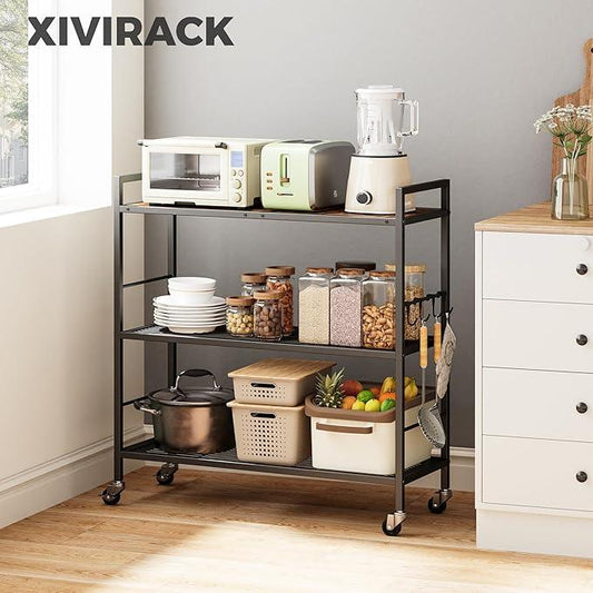 3-Tier Metal Storage Rack with Industrial Wheels,Mesh Shelving Unit with Wooden Table top,Adjustable Shelf,31.5-Inch Width, for Kitchen, Laundry,Pantry,Plant,Black - ModernBath