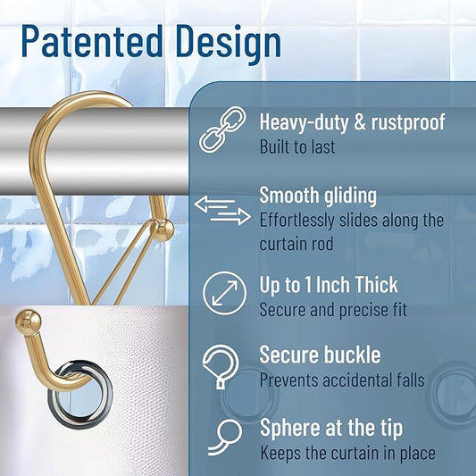 Blau Marité 12 Decorative Metal Shower Curtain Hooks, S-Shaped Hooks with Anti-Fall System, Rust-Proof Shower Rings with Safety Buckle, Fits Rods Up to 1-Inch Diameter (S, Gold)