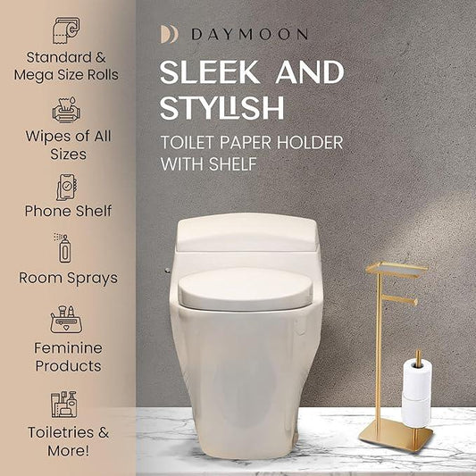 Day Moon™ Gold Toilet Paper Holder Free Standing Toilet Paper Holder with Storage - Toilet Paper Stand and Tissue Holder for Bathroom - Toilet Paper Holder with Shelf and Wipe Holder - ModernBath