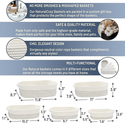 NaturalCozy 5-Piece Rectangle Storage Basket Set- Natural Cotton Rope Woven Baskets for Organizing! Small Basket for Montessori, Baby Nursery, Dog Toy Baskets, Cat Toy Box, Bathroom Organization Bin - ModernBath