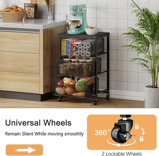 Pantry Organizer and Storage Cart, 3-Tier Kitchen Storage Cart with Drawer, Fruit Vegetable Storage Cart with Wheels, Wooden Top Metal Wire Kitchen Organizer Rack Stand for Food Snack Onion Potato - ModernBath