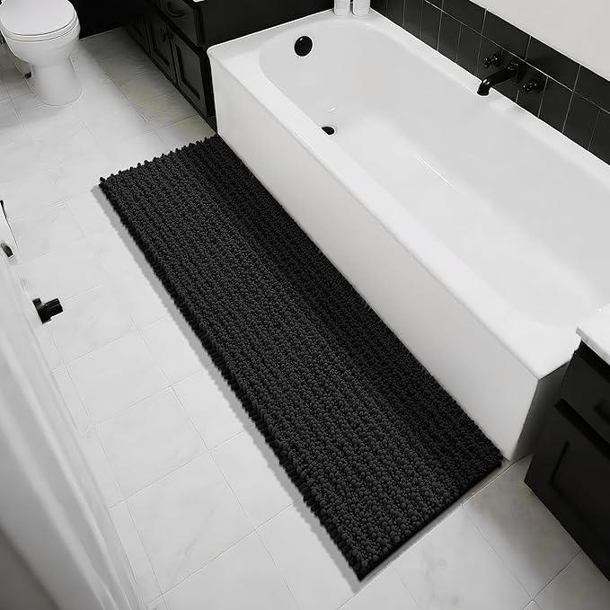 Yimobra Bathroom Runner Rug 60x24 Inch - Extra Long Non Slip Chenille Bath Mat, Soft & Absorbent, Machine Washable Shaggy Hallway Carpet for Vanity Tub Shower, Black Home Decor Accessories - ModernBath