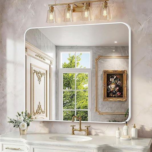 BONEWEI White Bathroom Mirror,36x40 inch Wall Mirror for Bathroom Wall Mounted,Rectangle Mirror for Bathroom Over Sink,Modern Frame Round Corner for Living Room,Bedroom Entryway,Horizontal/Vertical - ModernBath
