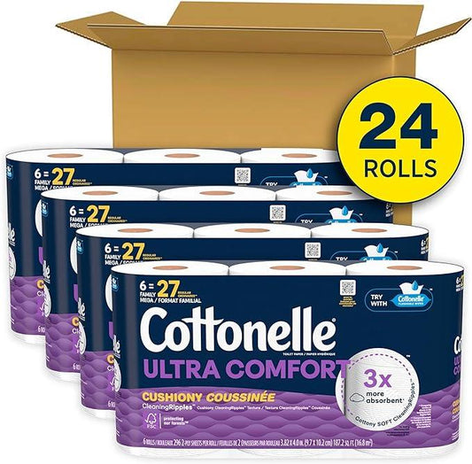 Cottonelle Ultra Comfort Toilet Paper with Cushiony CleaningRipples Texture, Strong Bath Tissue, 24 Family Mega Rolls = 108 Regular Rolls (4 Packs of 6) - ModernBath