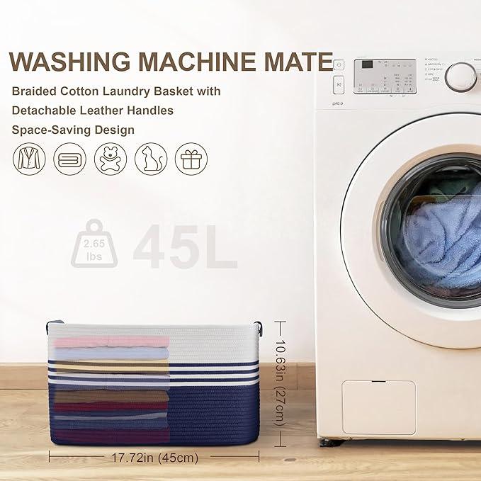 45L Small Laundry Basket with Leather Handles for Living Room Storage, Woven Rope Baskets Bin for Blanket, Kids Toy, Gifts, Wicker Hamper for Bedroom Dirty Clothes, 18"x14"x11" White Navy - ModernBath