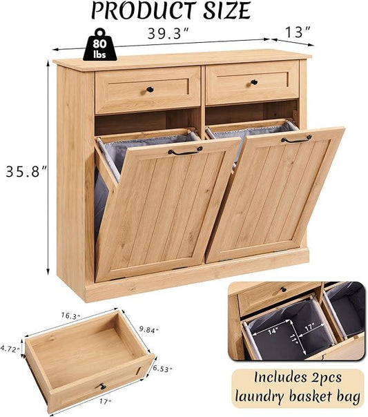 Double Tilt Out Laundry Hamper Cabinet, 20 Gallon Farmhouse Trash Can Cabinet with Drawer, Hidden Wood Garbage Can Bin Cabinets with Laundry Storage Basket for Bathroom, Kitchen (Natural) - ModernBath
