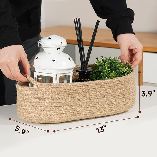 Temary Toilet Paper Basket, Narrow Cotton Rope Storage Bins with Handles, 2 Pack Small Decorative Baskets for Organizing Bathroom, Bedroom, Living Room (Jute, 13x5.9x3.9)