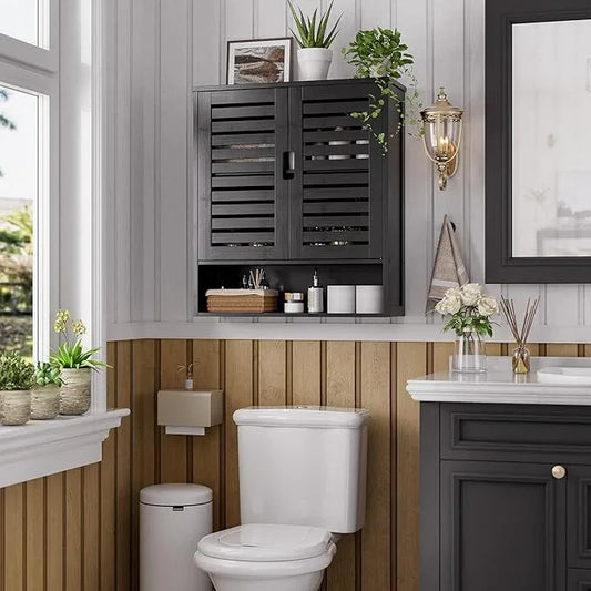 SMIBUY Bathroom Cabinet Wall Mounted, Bamboo Over-The-Toilet Storage Organizer, Space Saver Medicine Cabinet with 2 Door and Adjustable Shelves (Black) - ModernBath