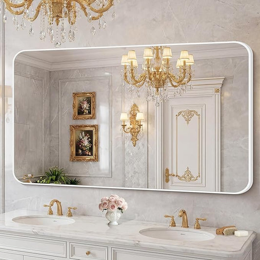 BONEWEI White Bathroom Mirror,60x36 inch Wall Mirror for Bathroom Wall Mounted,Rectangle Mirror for Bathroom Over Sink,Modern Frame Round Corner for Living Room,Bedroom Entryway,Horizontal/Vertical