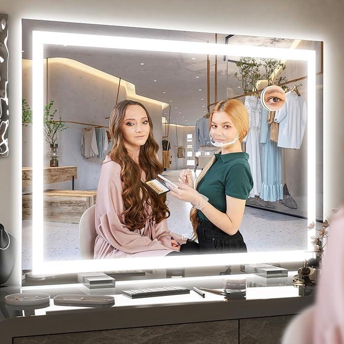 ROLOVE 40x28 Inch Lighted Vanity Mirror, 3-Color Lighting & Dimmable Modes, Large LED Makeup Mirror for Bathroom/Dressing Room (Wall/Tabletop Mount, White) - ModernBath