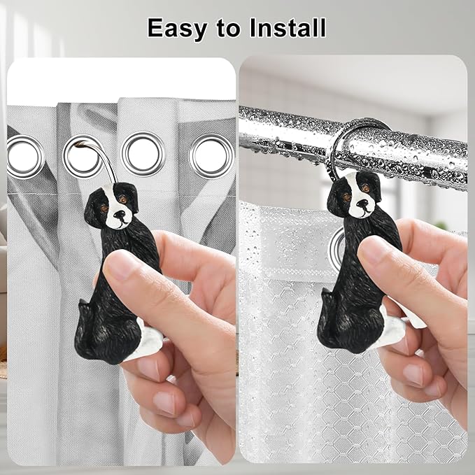 Ruvenis Dog Shower Curtain Hooks Set of 12, Hand-Painted Resin Dog Shower Hooks with Rust-Resistant Metal Rings, Decorative Bathroom Accessories