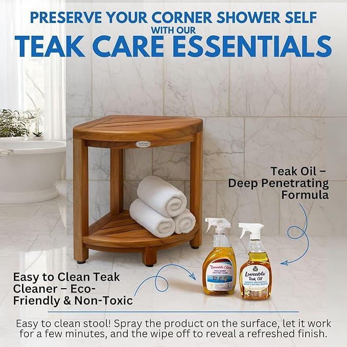 DecoTeak Teak Corner Shower Shelf – 2 Tier Waterproof Bathroom Storage Organizer Compact Wood Storage | Water-Resistant Design | Space Saver for Showers & Small Bathrooms | Shaving Foot Rest - ModernBath
