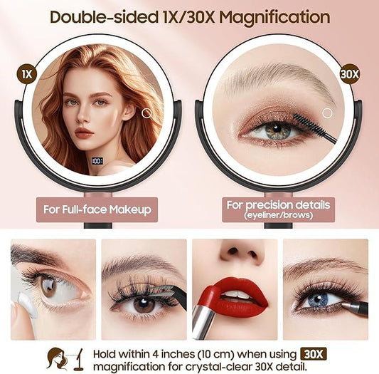 GOMIPURU Makeup Magnifying Mirror with Light 30X/1X, Digital Display, 2-Sided Touch Control, Makeup Mirror with 3 Color Lights,360° Rotate, Height Adjustable Lighted Magnifying Mirrors for Desk Travel - ModernBath