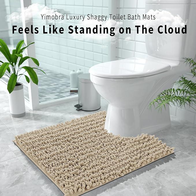 Yimobra Toilet Rug U Shaped Washable 24x24 Inch - Ultra Soft Absorbent Chenille Bath Rugs for Toilet, Quick Dry & Machine Washable, Non Slip Contour Bathroom Mat, Pale Khaki - ModernBath
