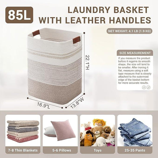 85L Tall Laundry Hamper with Handles for Living Room Storage, Extra Large Woven Rope Baskets Bin for Blanket, Kids Toy, Gifts, Wicker Hamper for Bedroom Dirty Clothes, 17"x14"x22" White Brown - ModernBath