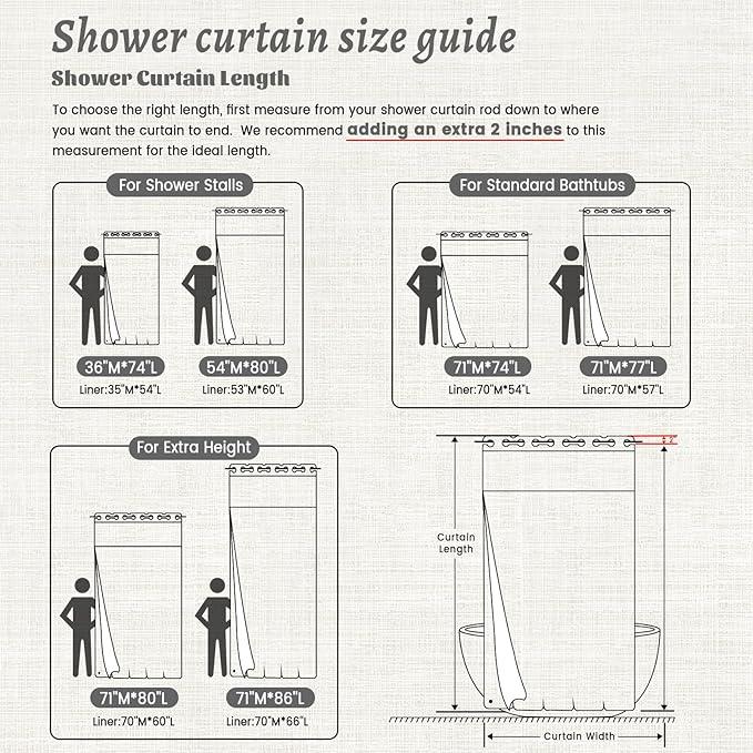 WONICY No Hook Shower Curtain with Snap in Liner, Polyester Textured Shower Curtain with Liner Set, Waterproof Washable Hotel Style Shower Curtains for Bathroom, 71Wx74H, Black - ModernBath