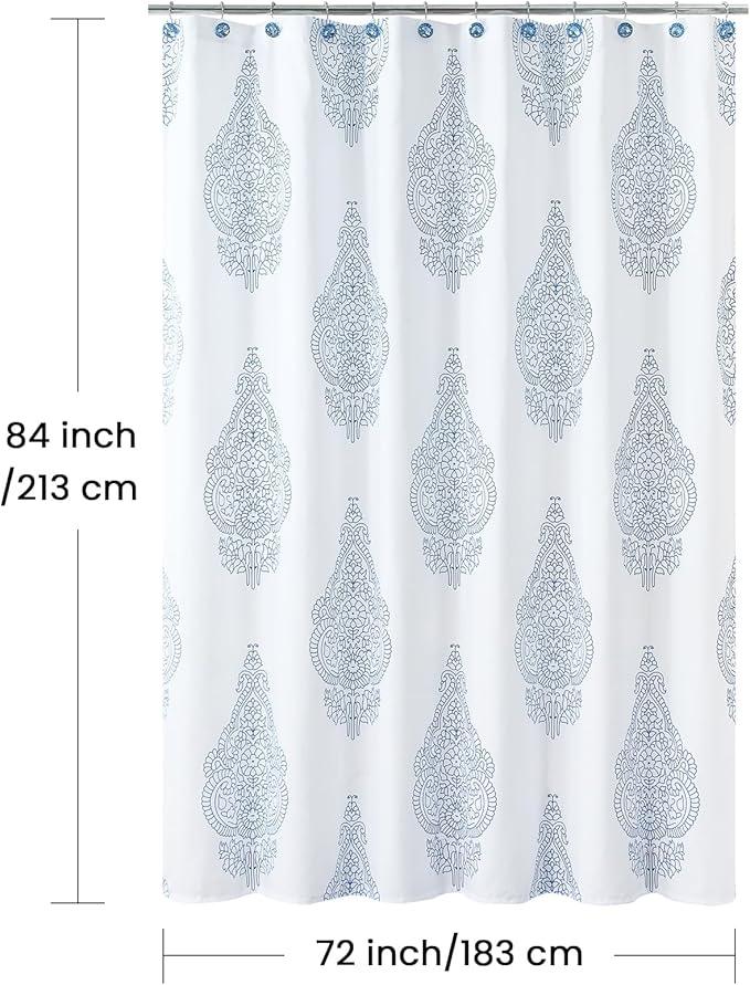 BESTRIPES Extra Long Fabric Shower Curtain, White and Blue Paisley Damask Medallion Print Shower Curtains for Bathroom, 72" W x 84" H - ModernBath