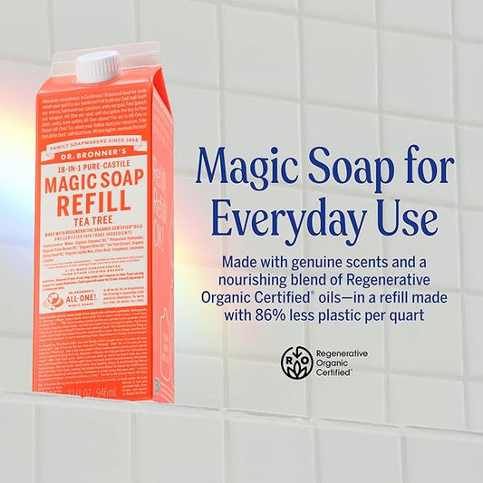 Dr. Bronner's Magic Soap-Pure-Castile Liquid Soap Refill (Tea Tree, 32 ounce, 2-Pack)-Regenerative Organic Certified Oils, For Body, Hair, Laundry, Pets & Dishes, Concentrated, Vegan, Non-GMO