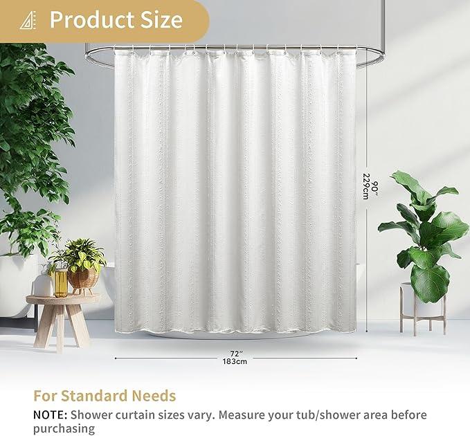 Lameirose Extra Long White Shower Curtain Boho, 72 x 90 Cotton Blend Waffle Weave Stripe Textured Heavy Duty, Fabric Shower Curtain for Bathroom, Hotel, Washable - ModernBath
