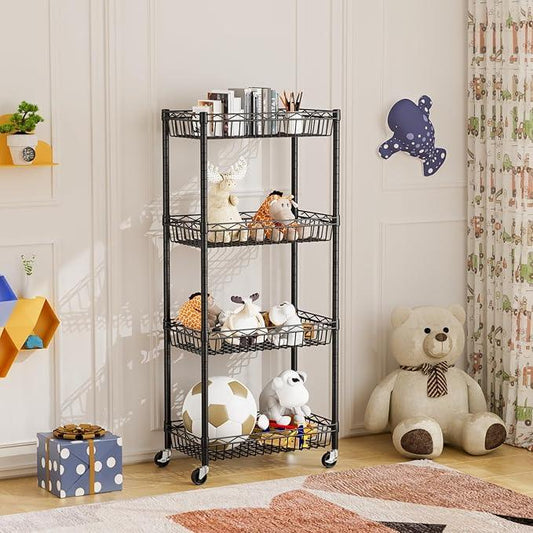 4 Tier Shelf Wire Shelving Unit Adjustable Storage Shelves Big Basket Rack Standing Units for Kitchen Closet Laundry Bathroom Organizers Metal Pantry Mesh 10" D x 16" W x 55" H Black - ModernBath