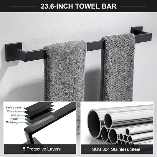 TQKAG 6-Piece Bathroom Towel Bar Sets Matte Black 23.6 inch Towel Bar Stainless Steel Towel Ring Coat Hook and Toilet Paper Holder Bathroom Hardware Set Wall Mounted Bathroom Accessories Kit - ModernBath