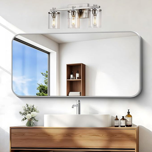 BONEWEI Silver Bathroom Mirror,20x40 inch Wall Mirror for Bathroom Wall Mounted,Rectangle Mirror for Bathroom Over Sink,Modern Frame Round Corner for Living Room,Bedroom Entryway,Horizontal/Vertical